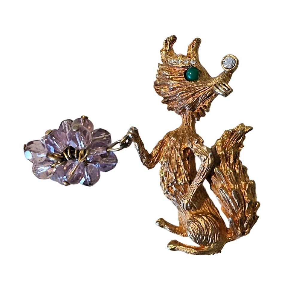 Vintage Hobco Gold Fox Brooch holding Beaded Grapes with Rhinestone Details